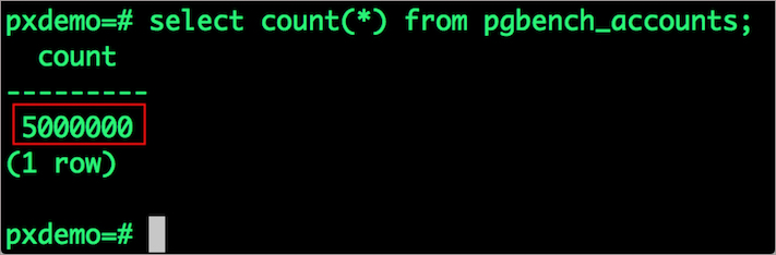 pxdemo=# select count(*) from pgbench_accounts;