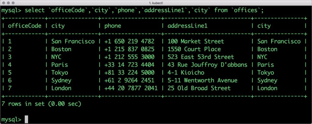 mysql> select `officeCode`,`city`,`phone`,`addressLine1`,`city` from `offices`;