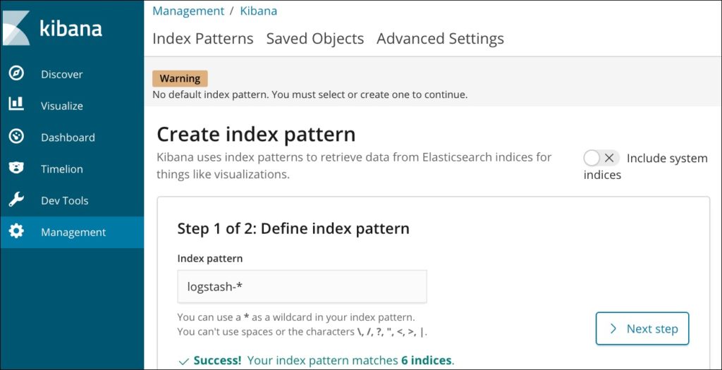 create index pattern kibana elk ibm iks step 1